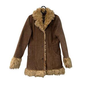 VTG 90s Y2K Penny Lane Tan Suede Faux Fur Coat Jacket Mudd Jeans Womens Medium